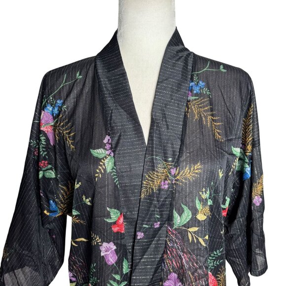 Vintage 70s Teddi Of California Kimono Style Top Size Small Black Floral Bird - Picture 2 of 7